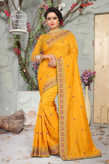 Grab This Designer Saree With A Clean And Elegant Embroidery. This Saree And Blouse Are Silk Beautified With Contrasting Thread And Jari Work. This Saree Is Light In Weight And Easy To Carry All Day Long. 