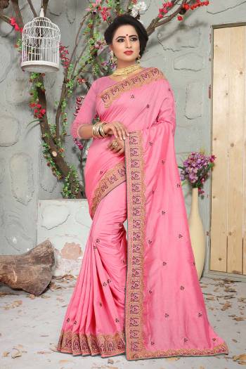 Celebrate This Festive Season With Rich Embroidered Designer Saree Having An Elegant Embroidery Over The Border With Small Butti All Over. This Saree And Blouse Are Silk Based Which Is Durable And Gives A Rich Look To Your Personality. 