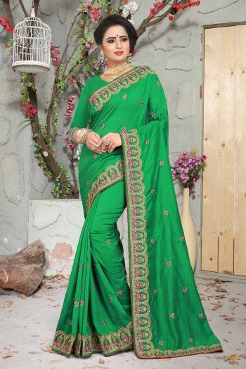 Grab This Designer Saree With A Clean And Elegant Embroidery. This Saree And Blouse Are Silk Beautified With Contrasting Thread And Jari Work. This Saree Is Light In Weight And Easy To Carry All Day Long. 