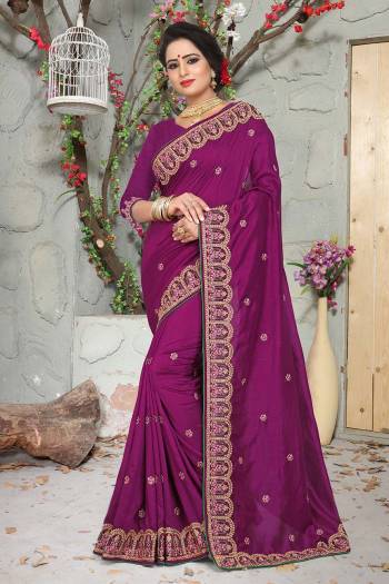 Celebrate This Festive Season With Rich Embroidered Designer Saree Having An Elegant Embroidery Over The Border With Small Butti All Over. This Saree And Blouse Are Silk Based Which Is Durable And Gives A Rich Look To Your Personality. 