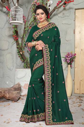 Celebrate This Festive Season With Rich Embroidered Designer Saree Having An Elegant Embroidery Over The Border With Small Butti All Over. This Saree And Blouse Are Silk Based Which Is Durable And Gives A Rich Look To Your Personality. 