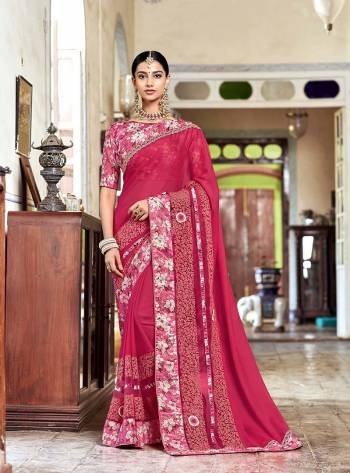 Look Pretty In This Girly Shade With This Designer Dakr Pink Colored Saree Paired With Pink colored Blouse. This Saree Is Fabricated On Georgette Paired With Floral Printed Satin Silk Blouse. 