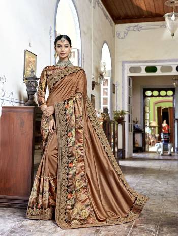 New Pattern With Hevy Look Designer Saree Is Here In Beige Color Paired With Brown Colored Blouse. This Saree IS Fabricated On Art  Silk Paired With Satin Silk Fabricated Printed Blouse. Buy This Saree Now.