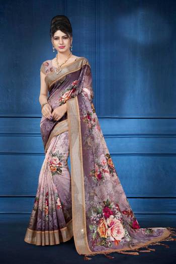 Grab This Pretty Printed Saree For Your Semi-Casuals. This Saree And Blouse Are Fabricated On Linen Beautified With Digital Prints All Over It, This Saree Is Light In Weight And Easy To Carry All Day Long. 