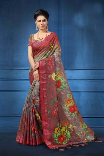 Grab This Pretty Printed Saree For Your Semi-Casuals. This Saree And Blouse Are Fabricated On Linen Beautified With Digital Prints All Over It, This Saree Is Light In Weight And Easy To Carry All Day Long. 