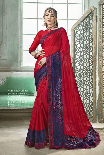 Here Is A Very Pretty And Light Weight Saree In Red Color Paired With Red Colored Blouse. This Saree And Blouse Are Fabricated On Silk Georgette Beautified With Thread Embroidery And Moti Work. Buy This Designer Saree Now.