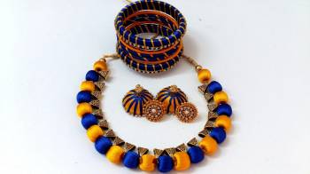 Grab This Beautiful Set Of Necklace Which Comes With A very Pretty Pair Of Earrings And Bangles Set. This Pretty set Is Made With Resham Thread Beautified With Stone Work. It Can Be Paired With Any Same Or Contrasting Colored Ethnic Attire. 