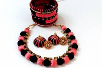 Grab This Beautiful Set Of Necklace Which Comes With A very Pretty Pair Of Earrings And Bangles Set. This Pretty set Is Made With Resham Thread Beautified With Stone Work. It Can Be Paired With Any Same Or Contrasting Colored Ethnic Attire. 