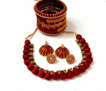 Grab This Beautiful Set Of Necklace Which Comes With A very Pretty Pair Of Earrings And Bangles Set. This Pretty set Is Made With Resham Thread Beautified With Stone Work. It Can Be Paired With Any Same Or Contrasting Colored Ethnic Attire. 