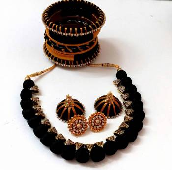 Grab This Beautiful Set Of Necklace Which Comes With A very Pretty Pair Of Earrings And Bangles Set. This Pretty set Is Made With Resham Thread Beautified With Stone Work. It Can Be Paired With Any Same Or Contrasting Colored Ethnic Attire. 