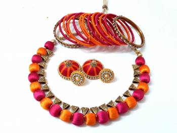 Grab This Beautiful Set Of Necklace Which Comes With A very Pretty Pair Of Earrings And Bangles Set. This Pretty set Is Made With Resham Thread Beautified With Stone Work. It Can Be Paired With Any Same Or Contrasting Colored Ethnic Attire. 