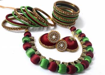 Grab This Beautiful Set Of Necklace Which Comes With A very Pretty Pair Of Earrings And Bangles Set. This Pretty set Is Made With Resham Thread Beautified With Stone Work. It Can Be Paired With Any Same Or Contrasting Colored Ethnic Attire. 