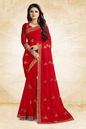 This Festive Season, Look Elegant With This Light Weight Saree In Red Color Paired With Red Colored Blouse. This Saree Is Fabricated On Georgette Paired With Art Silk Fabricated Blouse. It Is Beautified With Embroidered Butti And Lace Border. 