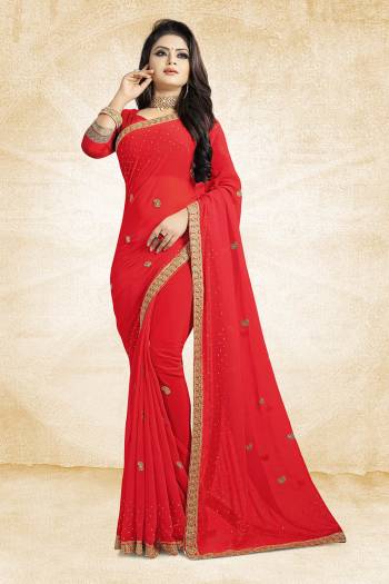 This Festive Season, Look Elegant With This Light Weight Saree In Red Color Paired With Red Colored Blouse. This Saree Is Fabricated On Georgette Paired With Art Silk Fabricated Blouse. It Is Beautified With Embroidered Butti And Lace Border. 