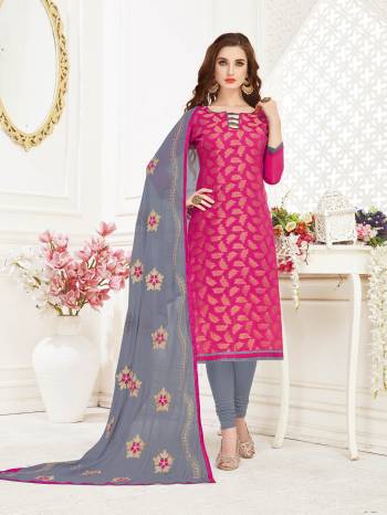 Add This Pretty Dress Material To Your Wardrobe And Get This Stitched As Per Your Desired Fit And Comfort. Its Top Is Fabricated On Jacquard Silk Paired With Cotton Bottom And Chiffon Dupatta. This Suit Is Light Weight And Easy To Carry All Day Long.