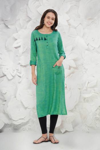 Simple And Elegant Looking Readymade Kurti Is Here In Sea Green Color Fabricated On Rayon Slub. It Is Light In Weight And Easy To Carry All Day Long. 