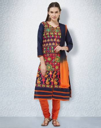 Grab This Designer Straight Suit For Your Casuals In Navy Blue And Orange  Color. This Dress Material Is Fabricated On Cotton Paired With Chiffon Dupatta. It Is Beautified With Contrasting Thread Work all over The Top. Buy Now.