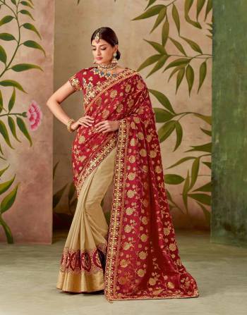 Celebrate the beauty of silk infused in vermillon hues in this traditional weaved silk saree and look queenly.