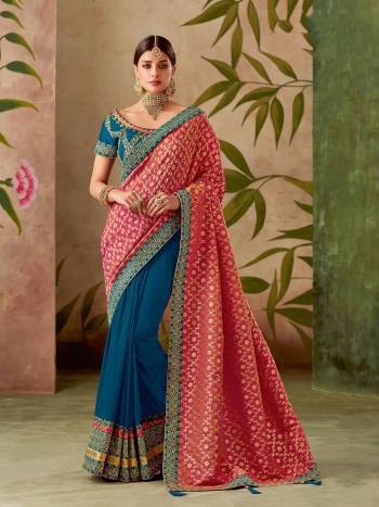 Submerge in the auspiciousness of vivid hues of culture in this color-blocked saree and take tradition to a whole new level. 