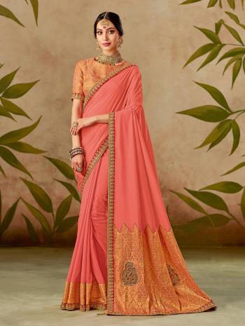 There's a unique mood peach hues exude and this saree is no different. Immerse in the vitality of the enchanting hue and look glorious. 