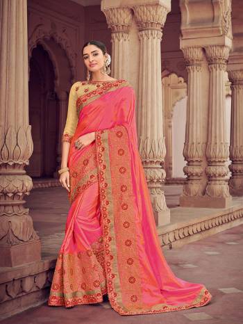 you Look striking and stunning afler wearing this Pink and orange color two tone silk saree. look gorgeous at an upcoming any occasion wearing the saree. this party wear saree won't fail to impress everyone around you. Its attractive color and designer heavy embroidered design, moti design work, patch design, beautiful floral design all over in saree work over the attire & contrast hemline adds to the look. Comes along with a contrast unstitched blouse.