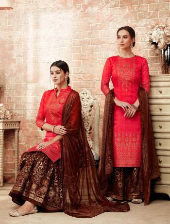 Bright And Visually Appealing color Is Here With This Designer Straight Suit In Crimson Red Colored Top Paired With Brown Colored Bottom And Dupatta, Its Rich Silk Fabricated Top IS Paired With Cotton Bottom And Chiffon Dupatta. Buy Now.