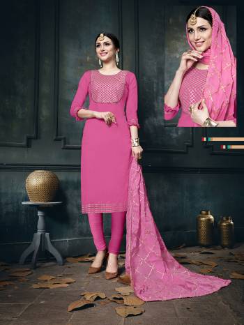 For Your Semi-Casuals, Grab This Designer Straight Suit In Pink Paired With Pink Colored Bottom And Dupatta. It Is Cotton Based Paired With Chiffon Fabricated Dupatta. Also It Has Very Pretty Jari Embroidery With Stone Work. 