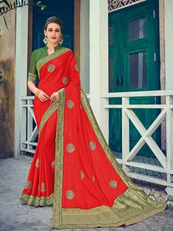 Wear this red color two tone silk fabrics saree. Ideal for party, festive & social gatherings. this gorgeous saree featuring a beautiful mix of designs. Its attractive color and heavy designer embroidered and silk saree, beautiful floral design all over work over the attire & contrast hemline adds to the look. Comes along with a contrast unstitched blouse.