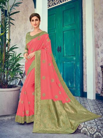 Look your ethnic best by wearing this Pink color two tone silk fabrics saree. Ideal for party, festive & social gatherings. this gorgeous saree featuring a beautiful mix of designs. Its attractive color and heavy designer embroidered and silk saree, beautiful floral design all over work over the attire & contrast hemline adds to the look. Comes along with a contrast unstitched blouse.