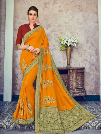 You Look elegant and stylish this festive season by draping this yellow color two tone silk fabrics saree. Ideal for party, festive & social gatherings. this gorgeous saree featuring a beautiful mix of designs. Its attractive color and heavy designer embroidered and silk saree, beautiful floral design all over work over the attire & contrast hemline adds to the look. Comes along with a contrast unstitched blouse.