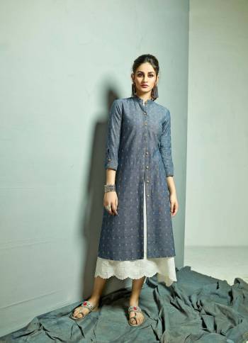 Another New And Unique Patterned Readymade Kurti With Jacket IS Here In White Colored Top Paired With Blue Colored Jacket, This Lovely Pair Is Cotton Based Beautified With Prints And Thread Work. It Ensures Superb Comfort all Day Long. 