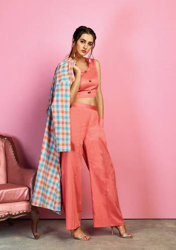 For Your Utmost Comfort Grab This Designer Indo-Western Dress In Dark Peach Colored Crop Top and Pant Paired With Multi Colored Checks Printed Jacket. Its Pretty Top And Pant Are cotton Satin Based Paired With Handloom Cotton Fabricated Jacket. Buy Now.