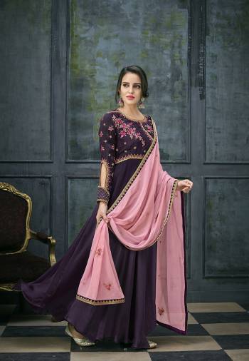 Look Pretty Wearing This Designer Floor Length Suit In Purple Colored Top And Bottom Paired With A Very Pretty Pink Colored Dupatta. Its Top Is Fabricated On Satin Georgette Paired With Santoon Bottom And Chiffon Fabricated Dupatta. This Suit Is Light In Weight And Easy To Carry All Day Long. 