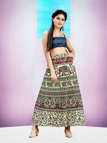 Grab This Beautiful Wrap Around Skirt In Multi Color For Your Casuals Or Semi-Casuals. This Skirt Is Fabricated On Cotton Beautified With Prints All Over.