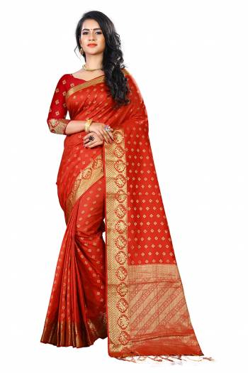 Add This Beautiful Silk Based Saree To Your Wardrobe In Red Color Paired With Red Colored Blouse. It Is Beautified With Attractive Butti Weave Over The Saree And Blouse. Buy Now.