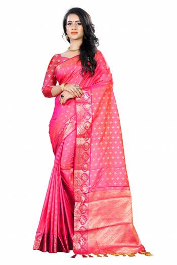 Add This Beautiful Silk Based Saree To Your Wardrobe In Fuschia Pink Color Paired With Fuschia Pink Colored Blouse. It Is Beautified With Attractive Butti Weave Over The Saree And Blouse. Buy Now.