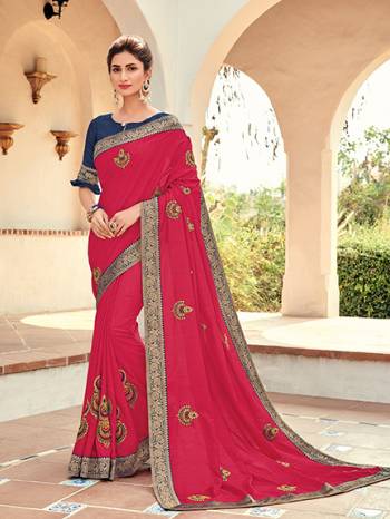 Attractively Gorgeous mesmerizing is what you will look at the next wedding gala wearing this beautiful Dark Pink color silk fabrics saree. Ideal for party, festive & social gatherings. this gorgeous saree featuring a beautiful mix of designs. Its attractive color and designer heavy embroidered design, Flower embroidered patch butta design, stone design, beautiful floral design work over the attire & contrast hemline adds to the look. Comes along with a contrast unstitched blouse.