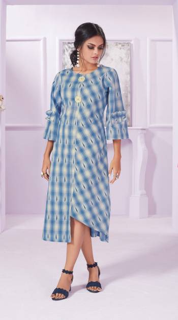 Simple And Elegant Looking Designer Readymade Kurti Is Here In Light Blue Color Fabricated On Cotton. It Is Beautified With Checks Prints All Over With Assymetric Pattern. 