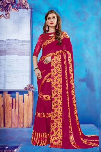 Add Some Casulas With This Beautiful Printed Saree Fabricated On Georgette Paireed With Satin Fabricated Blouse. This Saree Is Beautified With Printed Satin Patta Giving It An Attractive Look. 