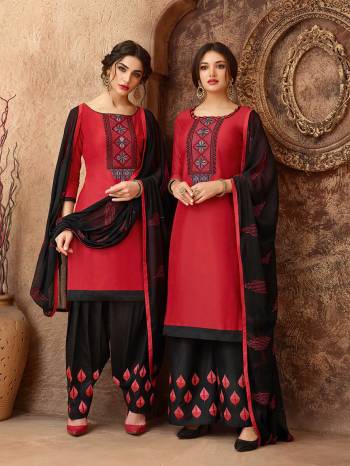 Add This Pretty Dress Material In Red And Black Color For Your Casual Wear, This Dress Material Is Cotton based Paired With Chiffon Fabricated Dupatta. Get This Stitched As Per Your Desired Fit And Comfort. Buy Now.