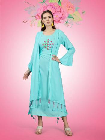 Beautiful Jacket Patterned Designer Readymade Kurti Is Here In Sky Blue Color Fabricated On Rayon. It Has Pretty Thread Work Over The Yoke Making This Kurti More Attractive, Buy Now.