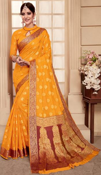 Get Ready For The Upcoming Festive And Wedding Season With This Silk Based Saree In Musturd Yellow Color. This Saree And Blouse are Banarasi Art Silk Fabricated Beautified With Attractive Weave All Over. Buy Now.