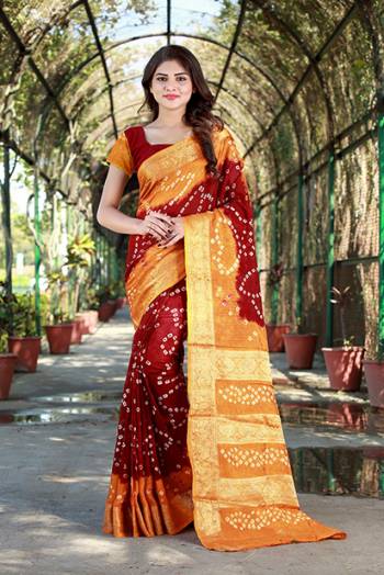 Add Some Casuals With This Beautiful Cotton Based Saree. This Saree And Blouse Are Fabricated On Art Cotton Beautified With Pretty Bandhani Prints All Over. Buy This Pretty Saree Now.