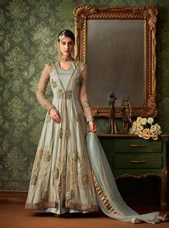 Grab This Beautiful Designer Indo Western Suit In New Steel Blue Color. Its Top Is Fabricated On Art Silk Paired With Net Fabricated Jacket, Santoon Bottom And Net Fabricated Dupatta. Buy This Semi-Stitched Suit Now.