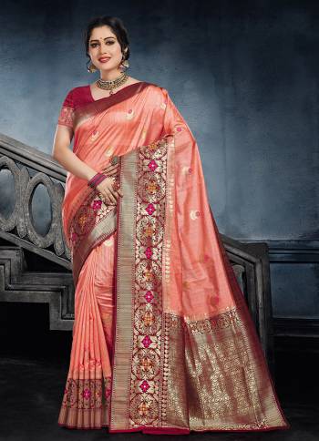 This Festive Season Look The Most Elegant Of All Wearing This Designer Silk based Saree Beautified With Weave All Over. This Saree Is Light Weight, Durable And Easy To Carry Throuhout The Gala