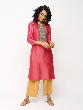 For Your Semi-Casuals, Grab This Designer Readymade Straight Kurti In Dark Pink Color Fabricated On Tafeta Art Silk. It Is Beautified With Prints Over Yoke And Stone Work On Sleeves. It IS Available In All Regular Sizes. Buy Now.