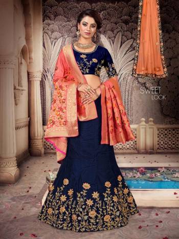 Grab This Heavy Designer Lehenga Choli For The Upcoming Festive And Wedding Season Which Comes With Two Dupattas. This Pretty Lehenga Choli IS Fabricated On Art Silk Paired With A Jacquard Silk Dupatta And Another Net Fabricated dupatta. 