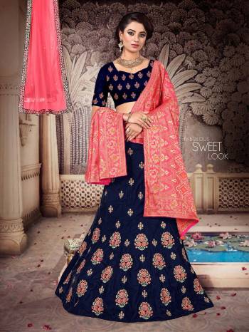 Grab This Heavy Designer Lehenga Choli For The Upcoming Festive And Wedding Season Which Comes With Two Dupattas. This Pretty Lehenga Choli IS Fabricated On Art Silk Paired With A Jacquard Silk Dupatta And Another Net Fabricated dupatta. 