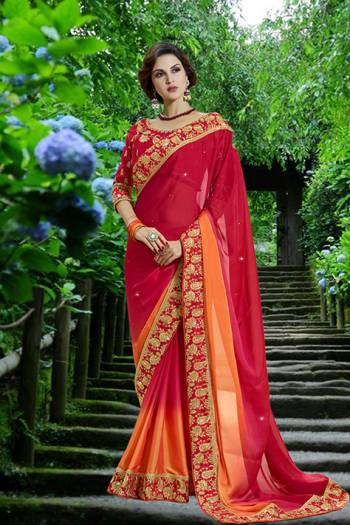 For A Proper Traditional Look, Grab This Attractive Color Pallete In Red And Orange Colored Saree Paired With Red Colored Blouse. This Saree Is Fabricated On Georgette Paired With Art Silk Fabricated Blouse. It Is Beautified With Attractive Lace Border And Blouse .