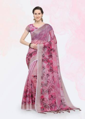 Feel Cool And Comfortable This Summer Wearing This Lovely Printed Saree. This Saree And Blouse are Fabricated On Linen Beautified With Prints. This Saree Is Light In Weight And Easy To Carry All Day Long. 